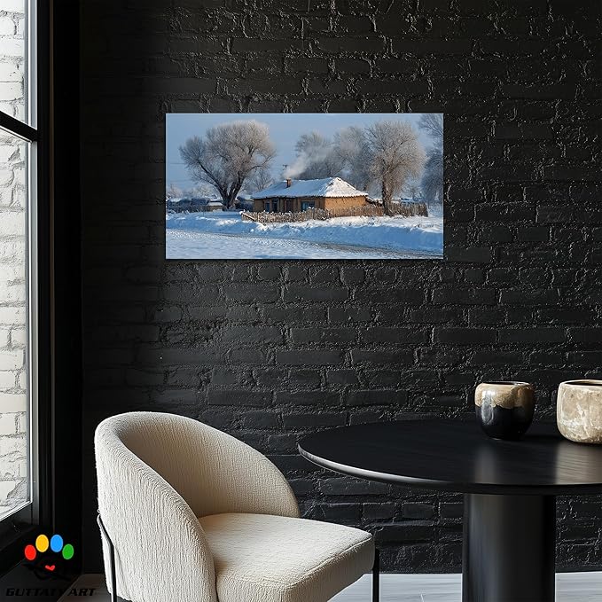 GUTTATY Christmas Winter Scene Canvas Wall Art, Cozy Snow-Covered House Canvas Prints, Peaceful Rural Snow Scene Wall Decor, Winter Pictures Posters for Living Room, Holiday Gift, 24x12 Inch