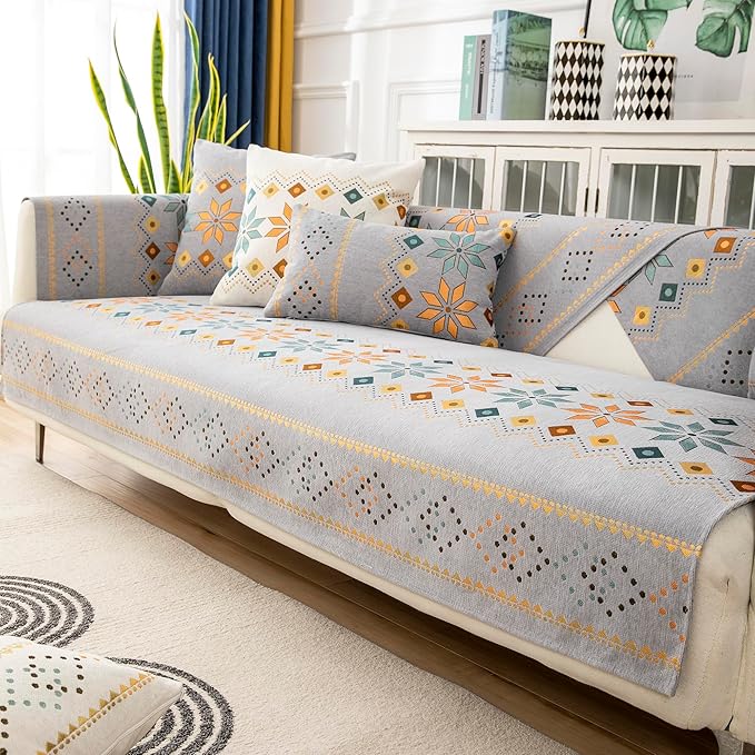 Boho Chenille Couch Covers,Geometric Couch Covers for Sofa,Chenille Couch Cover Non Slip,Sectional l Shaped Sofa Furniture Protector Cover for Home Decor,Gray_4 Seat 28x82in/70x210cm