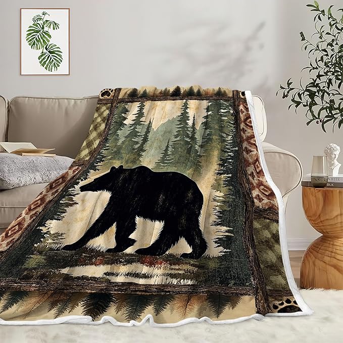 Cabin Throw Blankets, Rustic Farmhouse Hunting Deer Bear Sports Cozy Warm Bed Couch Blanket, Country Wooden Camping Forest White Fleece Flannel Throws to Decorate The Room and Bedroom