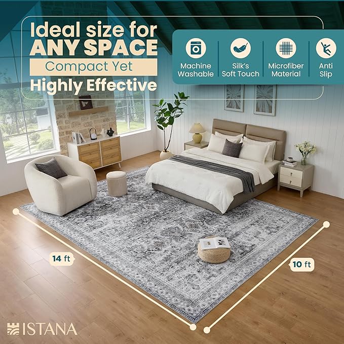 Istana Living Room Rug 10x14 - Grey 10 x 14 Area Rug - Foldable Machine Washable Area Rugs 10x14 - Stylish 10x14 Area Rugs Boho - Stain Resistant Washable Rug 10x14