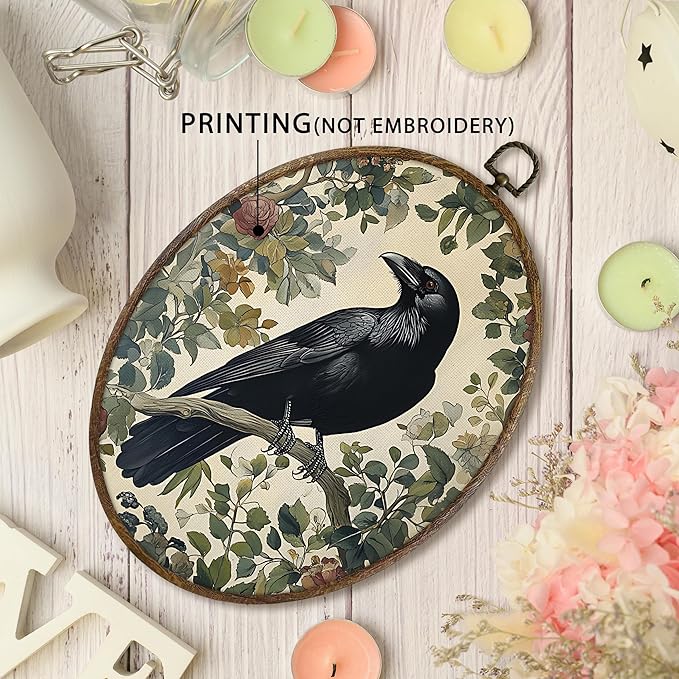 KFXHANGD Gothic Black Raven Crow Oval Wall Art Framed, Vintage Dark Academia Rustic Raven Botanical Canvas Wall Art Decor, Moody Crow Hanging Decor for Bedroom Living Room, 8.7x11.3 In
