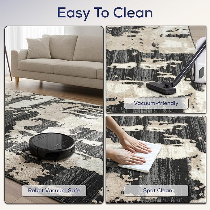 Abani Terra Cream Area Rug for Living Room, Bedroom - Black Abstract Pattern - 5' x 8' - Durable & Easy to Clean