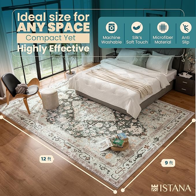 Istana 9x12 Area Rug - Light Green/Beige 9 x 12 Area Rugs for Living Room - Foldable 9x12 Rugs for Bedroom - Stain Resistant Washable Rug - Eco-Friendly Area Rugs Living Room