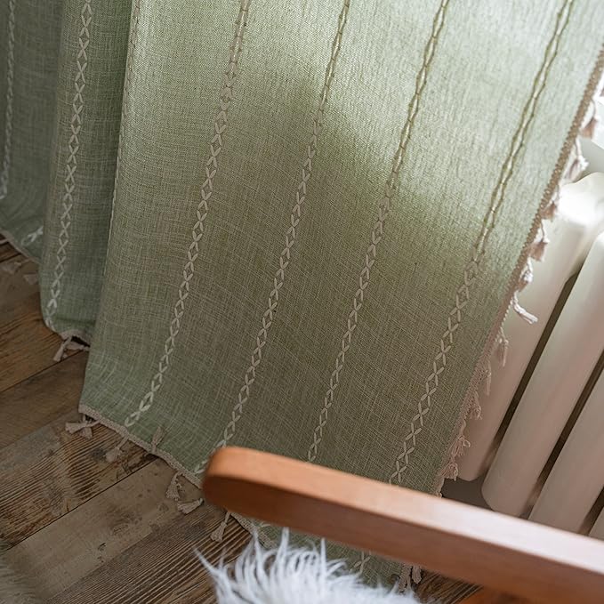 Sutuo Home Boho Curtain for Bedroom 84 Inch Length, Light Filtering Farmhouse Vintage Chic Tassels Window Treatment Bohemian Embroidery Drape, Rod Pocket 1 Panel 52" W x 84" L, Sage Green