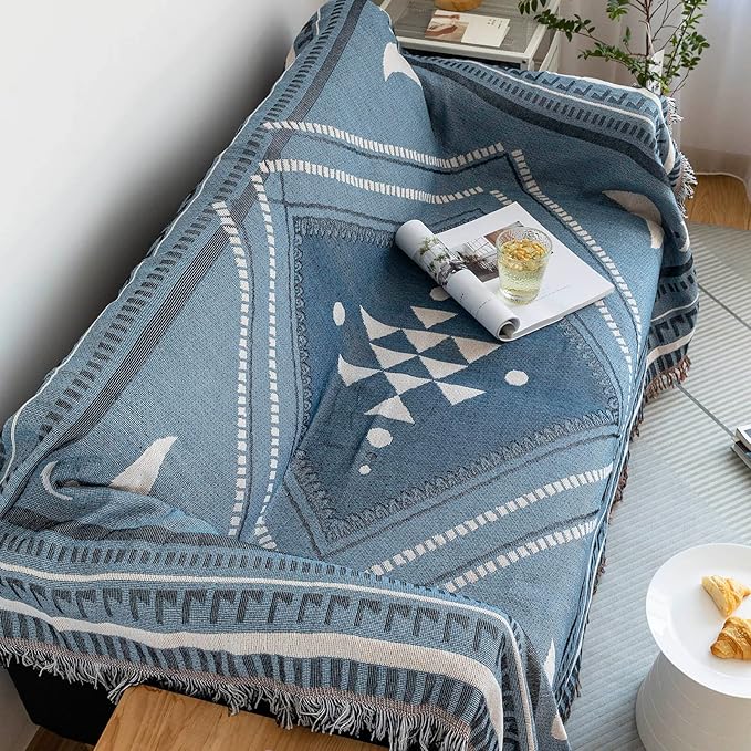 VClife Boho Sofa Couch Cover White Blue Plaid Stripe Couch Cover for 2 Cushion Couch Sofa Thick Breathable Non Slip Loveseat Cover for Dog Reversible Large Sofa Slipcover Furniture Protector Cover