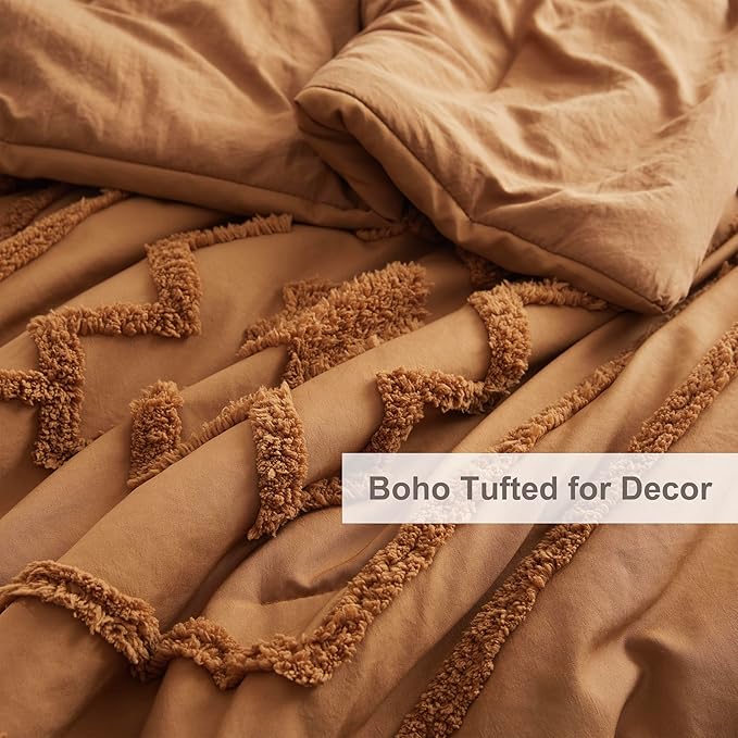 Oli Anderson Boho Tufted Comforter Set Queen Size, 3 Pcs Soft Jacquard Bedding Set for All Seasons, Shabby Chic Farmhouse Bedding Set with Comforters for All Seasons (Pumpkin, Queen)