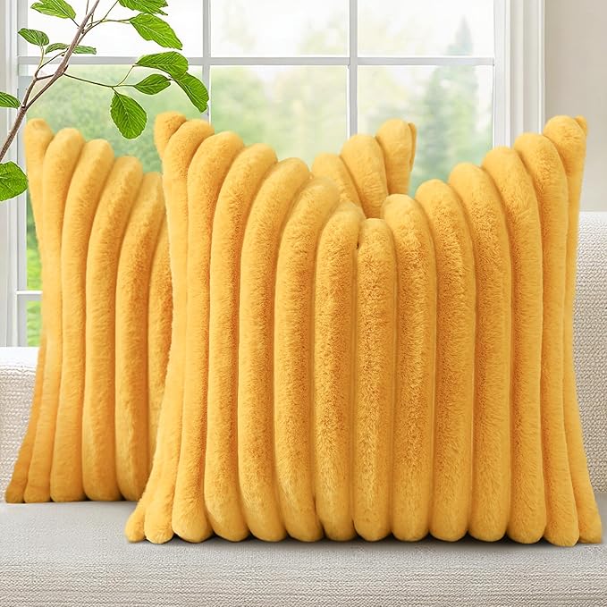 decorUhome Faux Fur Christmas Throw Pillow Covers 18x18 Set of 2, Decorative Soft Plush Striped Neutral Couch Euro Pillow Covers with Velvet Back for Sofa, Bed, Living Room Home Decor, Mustard Yellow