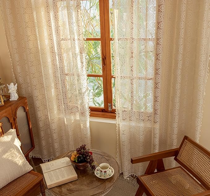 YJ YANJUN Boho Sheer Curtains 108 inches Long Antique Farmhouse Extra Long Floor to Ceiling Curtains Lace Voile Curtain for Patio Sliding Door Living Room Privacy 9ft 59" W x 108" L (Pack of 2)