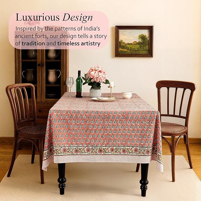 CPC Tablecloth 100% Cotton 72x140 Inch Indian Block Print Rectangle Table Cover, Washable Table Cloth for Weddings, Spring/Summer, Barbeque - Poppy Pink
