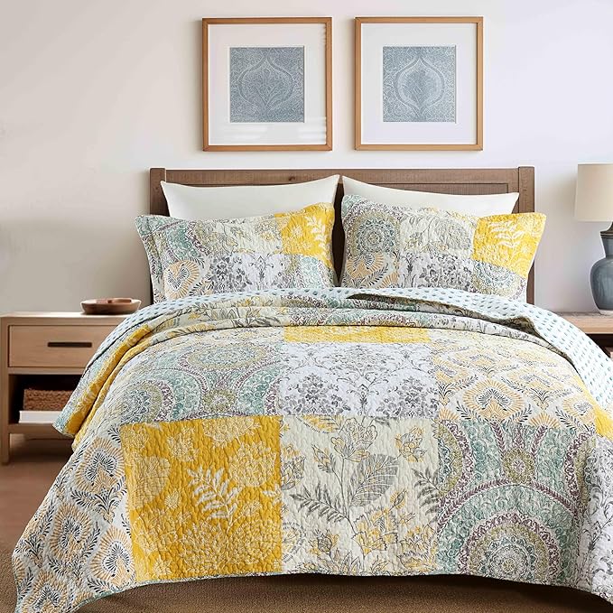 DURLENGEN Botanical Yellow 100% Cotton Queen Quilt 3Pcs,Bohemian Patchwork Leaves Pattern on White, Luxury Lightweight Coverlet Sets for All Season(Queen 90x96,Botanical Yellow)