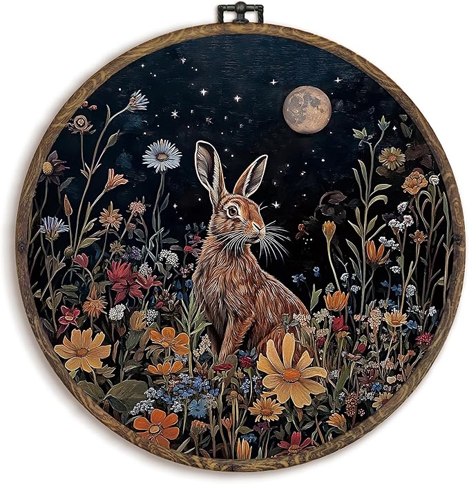 KFXHANGD Vintage Witchy Bunny Round Wall Art Framed, Dark Cottagecore Rabbit Botanical Canvas Wall Art Decor, Farmhouse Bunny Floral Hanging Decor for Bathroom Bedroom Living Room, 10x10inch