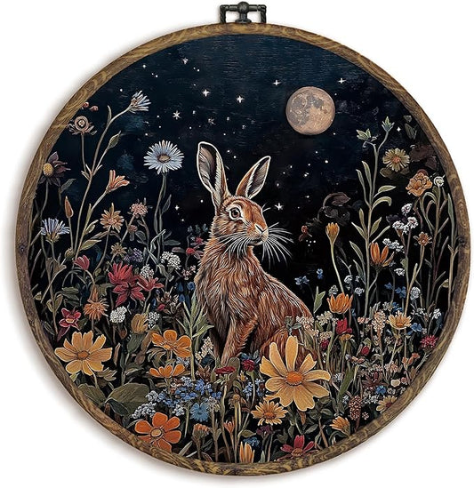 KFXHANGD Vintage Witchy Bunny Round Wall Art Framed, Dark Cottagecore Rabbit Botanical Canvas Wall Art Decor, Farmhouse Bunny Floral Hanging Decor for Bathroom Bedroom Living Room, 10x10inch