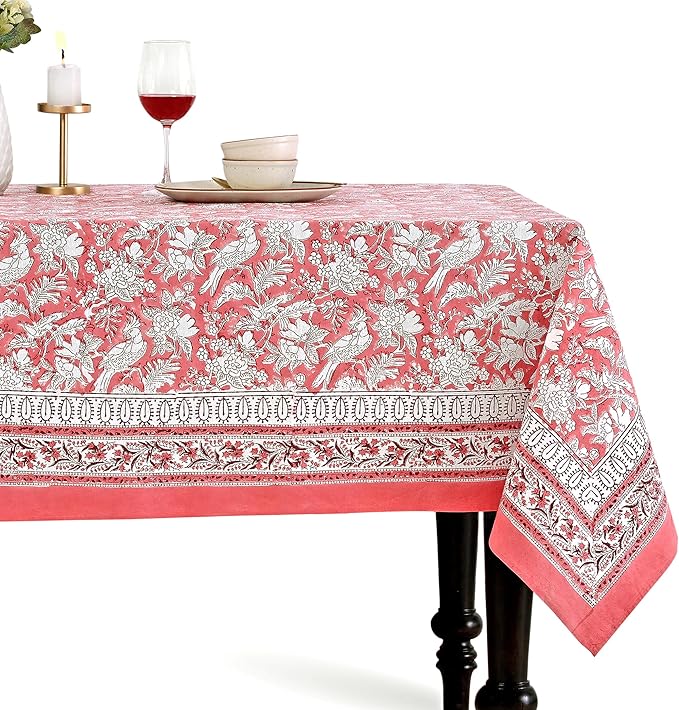 CPC Tablecloth 100% Cotton 72x160 Inch Indian Block Print Rectangle Table Cover, Pink Table Cloth for Weddings, Spring/Summer, Barbeque - Pink Coral