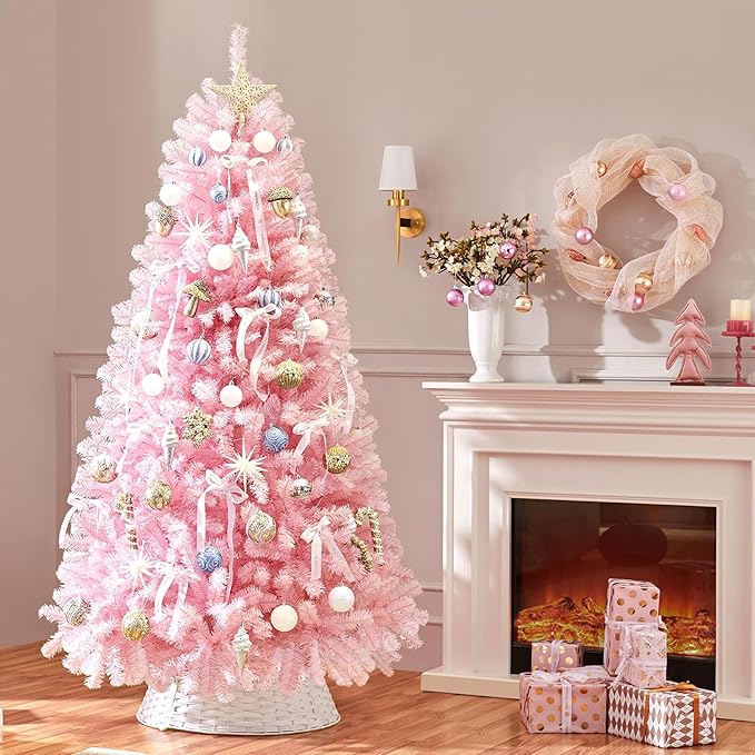Yaheetech 7.5ft Pre-lit Artificial Hinged Christmas Tree Prelighted Full Holiday Xmas Tree for Home Party Decoration with 550 Warm White Lights & 1354 Branch Tips, Foldable Metal Stand, Pink