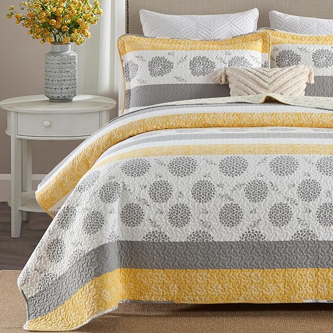 Homzard Quilt King Size-Comforter King Quilt Bedding Set,Yellow Gray White All Cotton Quilted Bedspread,Striped Floral Pattern Comforter Set,Lightweight Paisley 3 Piece,All Seasons