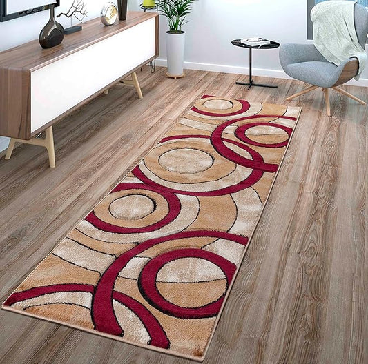 GLORY RUGS Area Rug Modern 2x7 Dark Red Circles Geometry Soft Hand Carved Contemporary Floor Carpet Fluffy Texture for Indoor Living Dining Room and Bedroom Area