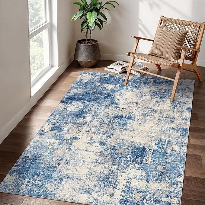 3x5 Modern Abstract Rug Washable Area Rugs for Living Room Bedroom Dining Room Non-Slip Low Pile Neutral Large Rug Soft Indoor Floor Carpet, Blue