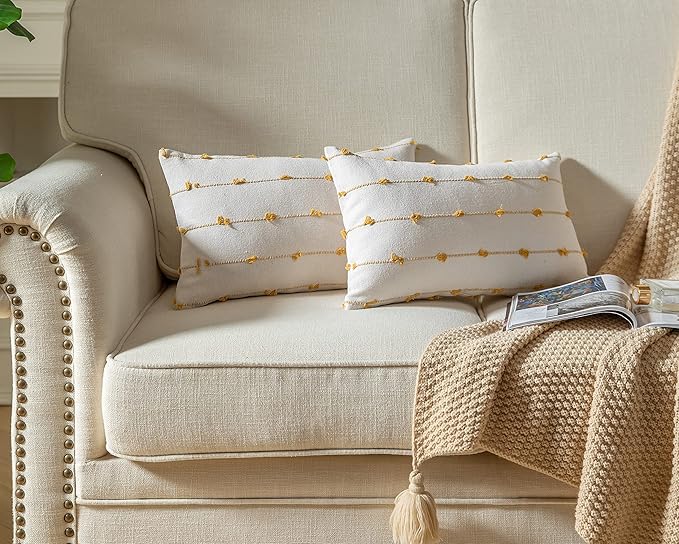 Caflife Boho Throw Pillow Covers 12x20 inches Beige and Yellow, Set of 2 Modern Farmhouse Decorative Pillow Covers for Couch Bed, Living Room