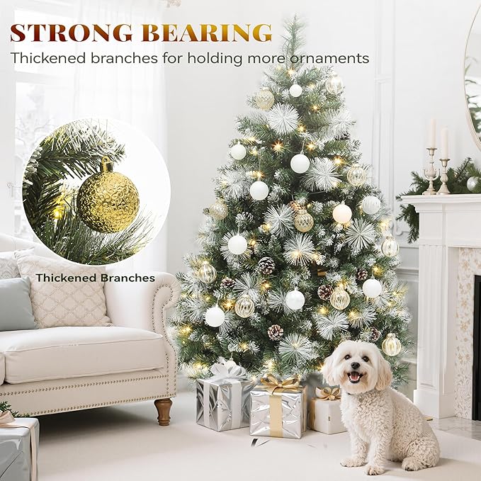 YITAHOME 4.5ft Prelit Scotch Pine Christmas Tree with Remote Control, Pre-Decorated Frosted Christmas Tree with Pine-Cones & Needles, Warm White/Multicolor Changing Lights for Home/Office