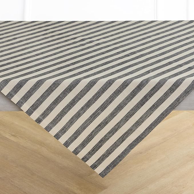 Solino Home Linen Square Tablecloth 52 x 52 Inch - Sorrento Stripe, 100% Pure Linen Black and Natural Table Throw - Machine Washable Tablecloth for Fall, Autumn, Thanksgiving
