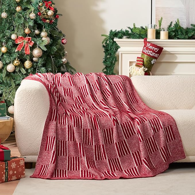 Snuggle Sac Red Checkered Christmas Blanket,Super Soft Reversible Twin Size Cozy Warm Throw Blanket for Couch Sofa Bedroom,Cute Lightweight Striped Blankets for Women,Heather Red,60x80 inches