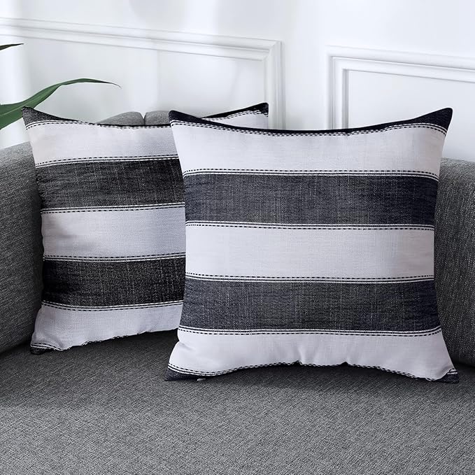 AmHoo Pack of 2 Farmhouse Stripe Check Throw Pillow Covers Set Case Cotton Linen Decorative Pillowcases Cushion Cover for Couch Bench Sofa 18x18Inch Black