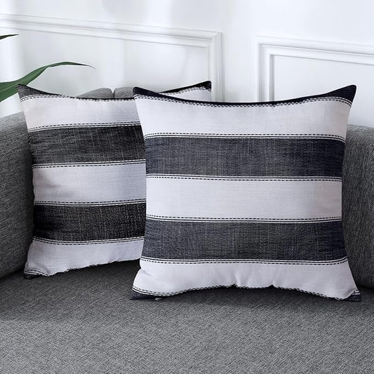 AmHoo Pack of 2 Farmhouse Stripe Check Throw Pillow Covers Set Case Cotton Linen Decorative Pillowcases Cushion Cover for Couch Bench Sofa 18x18Inch Black