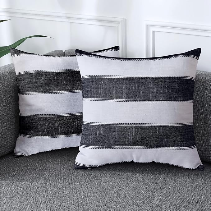 AmHoo Pack of 2 Farmhouse Stripe Check Throw Pillow Covers Set Case Cotton Linen Decorative Pillowcases Cushion Cover for Couch Bench Sofa 16x16Inch Black