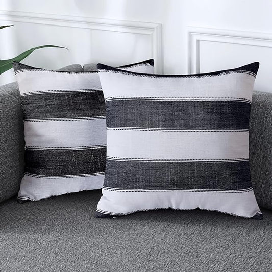 AmHoo Pack of 2 Farmhouse Stripe Check Throw Pillow Covers Set Case Cotton Linen Decorative Pillowcases Cushion Cover for Couch Bench Sofa 16x16Inch Black