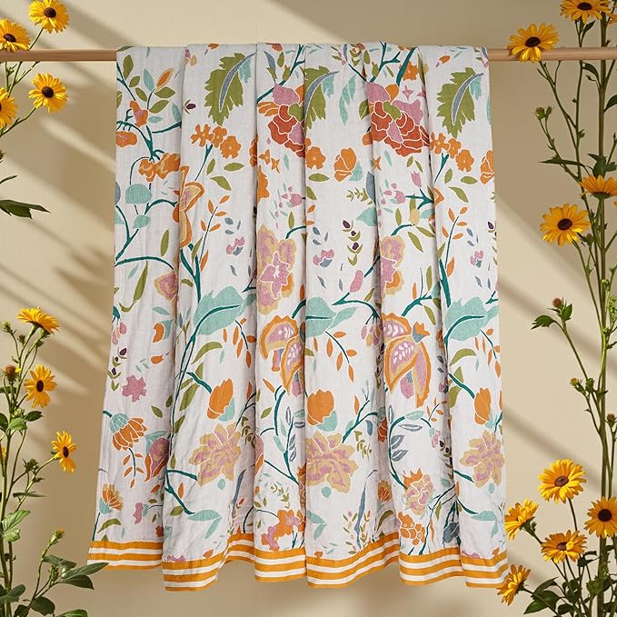 Boho Throw Blanket for Bed, 100% Organic Cotton Breathable Ultra Soft 50" x 60" Quilt Beige Throw - All Season Floral Farmhouse Decor Luxury Reversible Blanket for Sofa Couch Chair and Gift