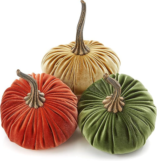 Set of 3 Velvet 6.25 Inch Pumpkins, orange pumpkin decor, Thanksgiving centerpiece, hygge home, elegant bookshelf accent, Halloween indoor decor, tiered tray accent for kitchen (Rust, Gold, Olive)