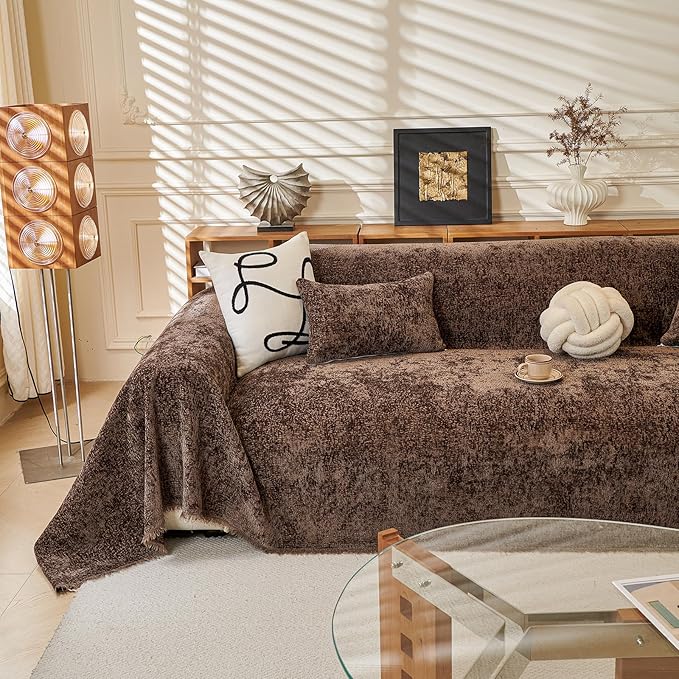 ROOMLIFE Brown Sofa Cover, Vintage Boho Couch Cover for 3 Cushion Sofa, Soft Chenille Sofa Cover for Dog, Washable Furniture Sofa Protector Cover Blanket with Tassel for Living Room, 71 '' X 150''