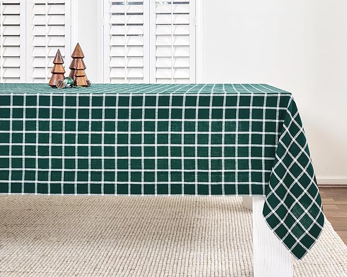Solino Home Linen Plaid Tablecloth 60 x 108 Inch - 100% Pure Linen Windowpane Dark Green Table Cloth for Rectangle Tables - Machine Washable Tablecloth for Christmas, Holiday, Xmas, Winter