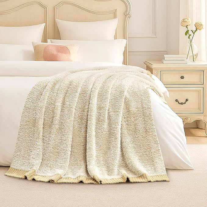 Amélie Home Knit Throw Blanket for Couch, Super Soft Cozy Fuzzy Throws for Sofa Bed Living Room, Luxury Cozy Fluffy Throw for Room Decor, 60" x 80", Heather Beige