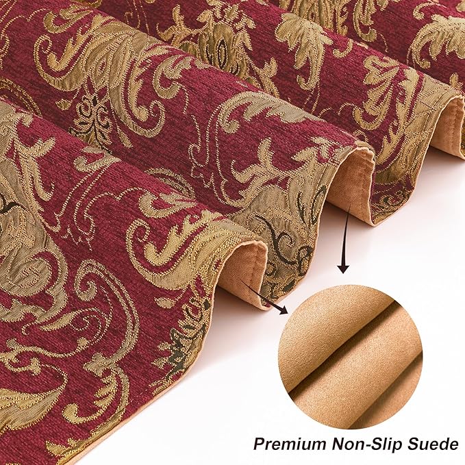Loom and Mill Luxury Vintage Chenille Table Runner 120 Inches Long, Red Damask Jacquard Table Runners with Multi-Tassels for Dining Room Dresser Party Banquet Christmas Decor(Red,13x120 inch)