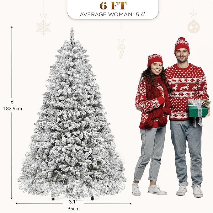 YITAHOME 6 FT Prelit Snow Flocked Christmas Tree with Remote, Hinged Pine Christmas Tree with 250 Warm White/Multicolor Changing Lights, 1100 Branch Tips, and Foldable Base for Home, Party Decoration