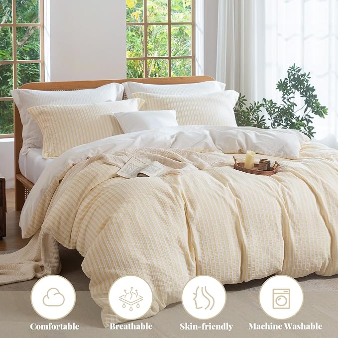 MILDLY Yellow Striped Duvet Cover - 100% Washed Cotton Jacquard Boho Textured Comforter Cover 3pcs with Corner Ties Zipper Closure 90"x90"