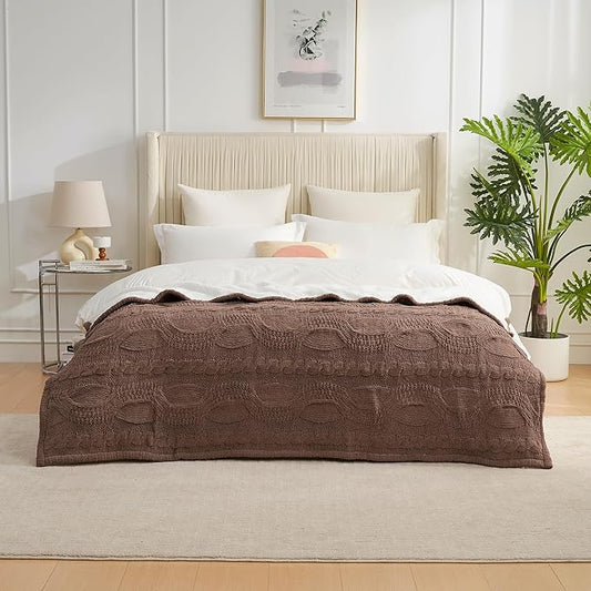 Amélie Home Cable Knit Throw Blanket for Couch Twin, Chenille Sherpa Soft Cozy Throw Blankets for Sofa Chair Comfortable Home, 60"x80", Brown