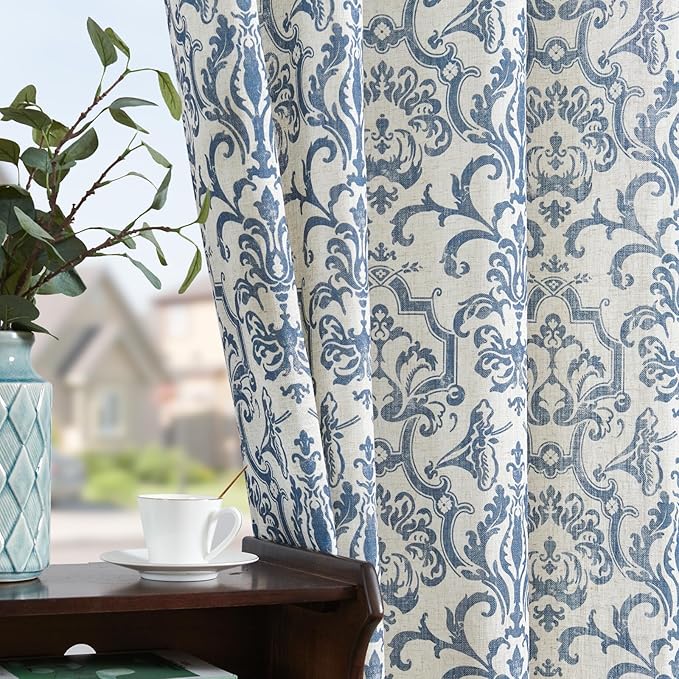jinchan Extra Long Linen Curtains for Living Room & Bedroom - Slate Blue Damask 108 Inch & 9FT Long Light Filtering Vintage Curtains with Grommet Window Treatments - 2 Panels Set