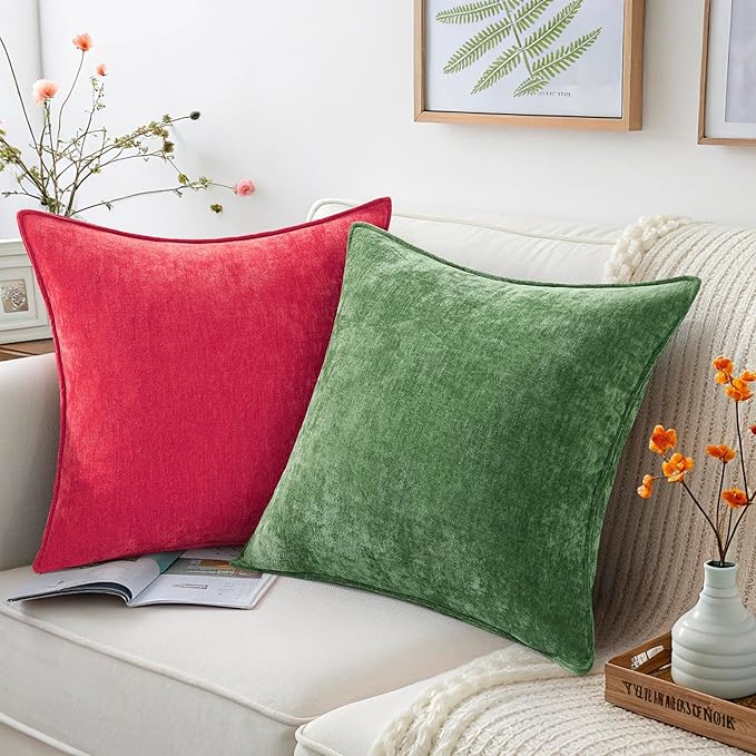 decorUhome Christmas Couch Throw Pillow Covers 18x18 Set of 2, Decorative Soft Euro Velvet Neutral Chenille Pillow Covers with Elegant Design for Sofa Bed Living Room Home Decor, Red
