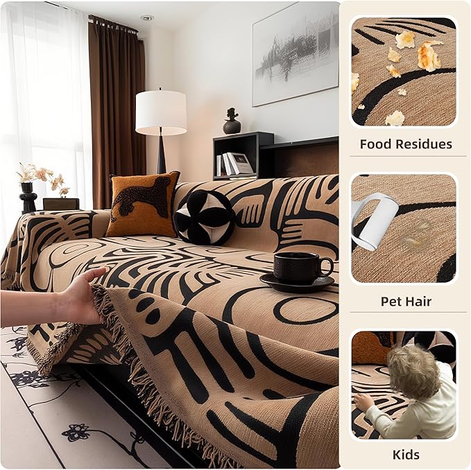 Couch Cover for 2-3 Cushion Couch, Reversible Boho Couch Covers, Modern Slipcover Chenille Couch Covers, Sofa Covers Washable, Sofa Furniture Protector for Pets, Kids, 71''x118'', Brown