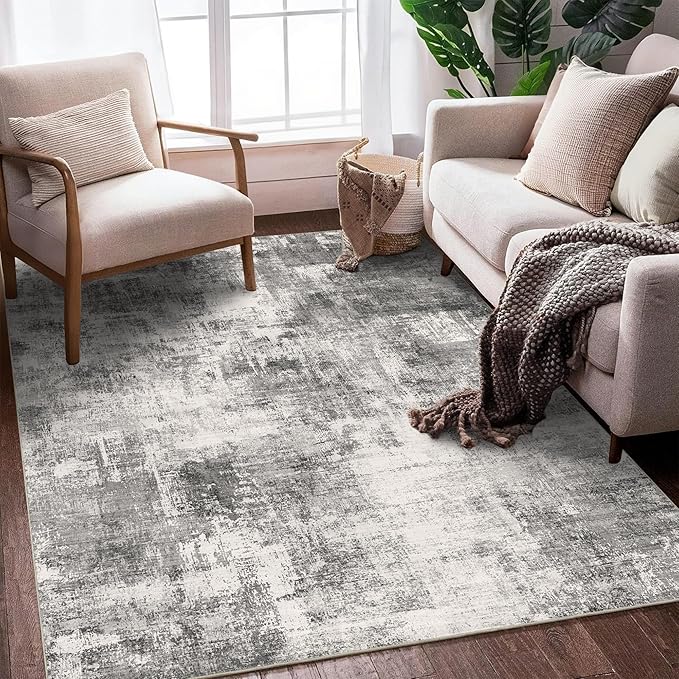 3x5 Modern Abstract Rug Washable Area Rugs for Living Room Bedroom Dining Room Non-Slip Low Pile Neutral Large Rug Soft Indoor Floor Carpet, Gray