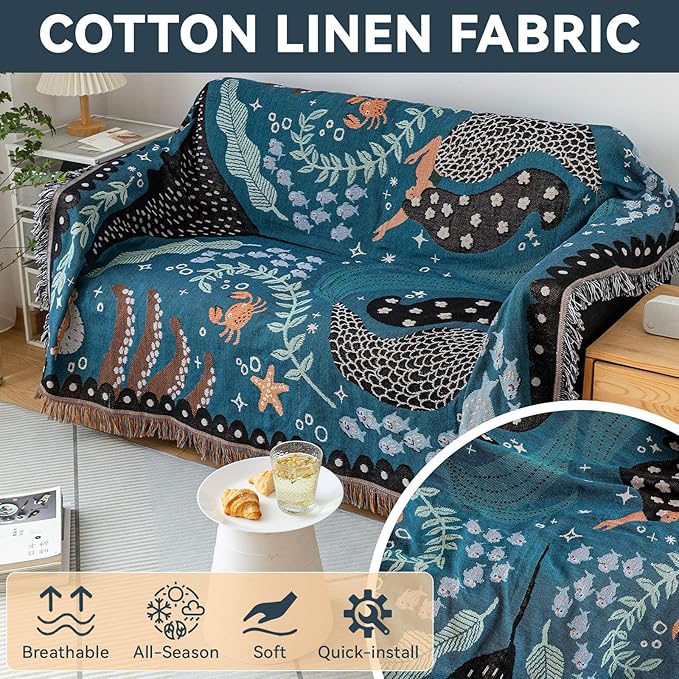 VClife Cute Couch Cover Sofa Covers for Dog, Non Slip Couch Covers for 3 Cushion Couch Sofa, Sea Fish Shark Mermaid Pattern Couch Slipcover for 3 Seater, Soft Cotton Linen Sofa Protector, 71"X134"