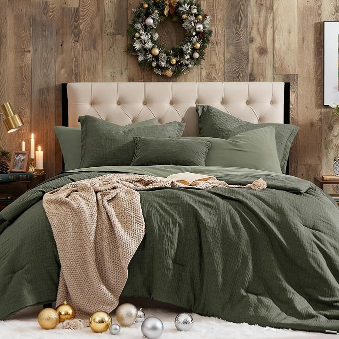 Geniospin Dark Olive Green Queen Comforter Set - 7 Pieces Comforter Queen Size, Solid Bedding Set for All Season, Textured Bed in a Bag with Sheets
