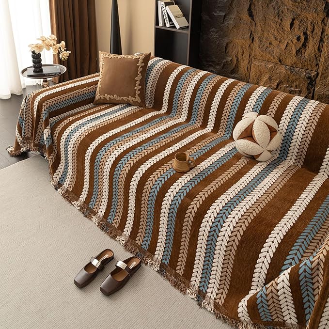 VClife Chenille Couch Cover for Sectional Sofa, Non Slip Couch Cover for 3 Cushion Couch Sofa, Washable Pet Couch Protector for Dog Chic Stripe Jacquard Sofa Slipcover with Tassel, Brown, 71''x150''