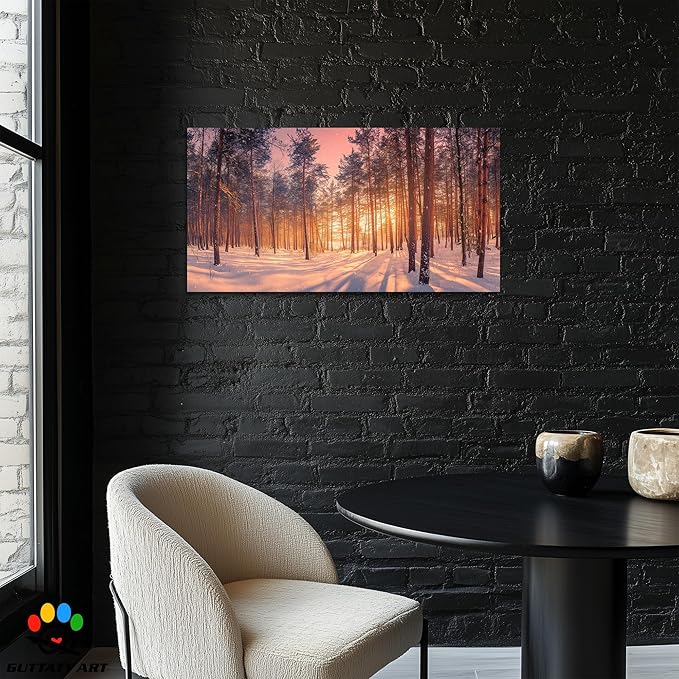 GUTTATY Christmas Winter Scene Canvas Wall Art, Snowy Forest Canvas Prints, Tranquil Sunrise Pine Forest Wall Hanging Artwork, Nature Landscape Poster for Living Room, Bedroom, 24x12 Inch