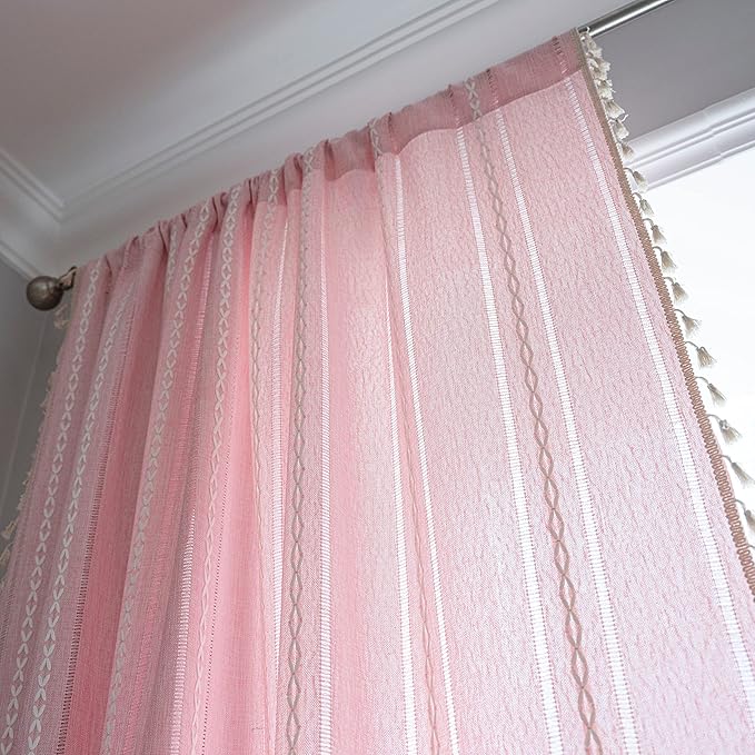 Sutuo Home Boho Curtains for Bedroom Living Room Nursery Kitchen, Light Filtering Country Farmhouse Vintage Chic Tassels Hollow Window Treatment Bohemian Drape, 1 Panel 52" W x 63" L, Pink