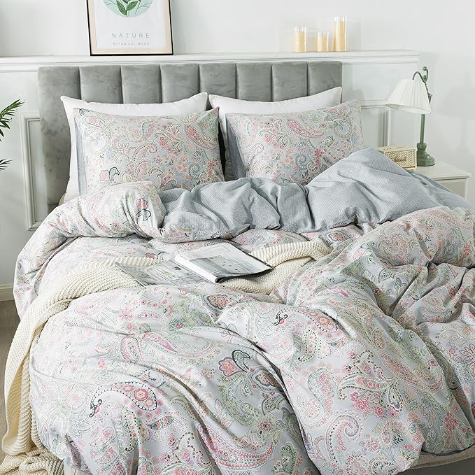 HoneiLife Wildflower Duvet Cover King - 100% Cotton Comforter Cover Sets, 3-PC Comfortable Floral Duvet Cover Sets,Soft & Breathable Duvet Cover with Zipper Closure & Corner Ties, Paisley