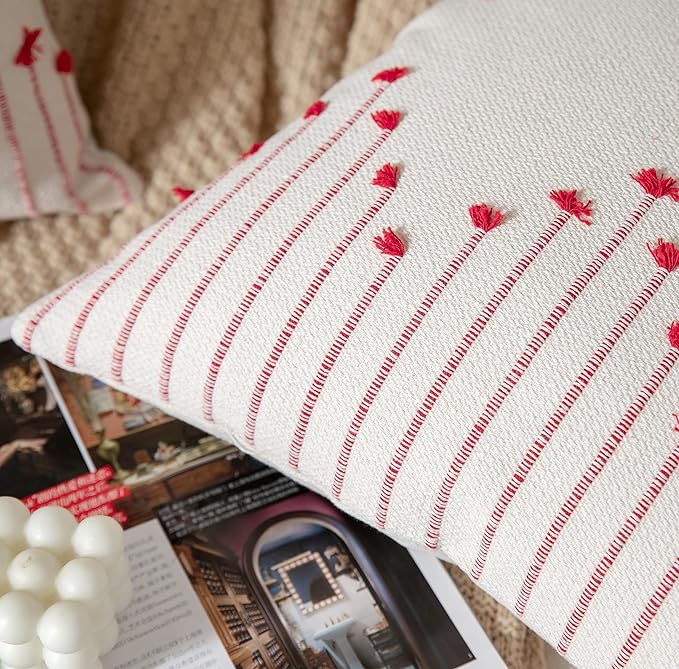 Caflife Boho Christmas Throw Pillow Covers 12x20 Set of 2, Holiday Christmas Decorative Pillow Covers Beige with Red Line for Modern Farmhouse Couch Sofa Bedroom Living Room Outdoor