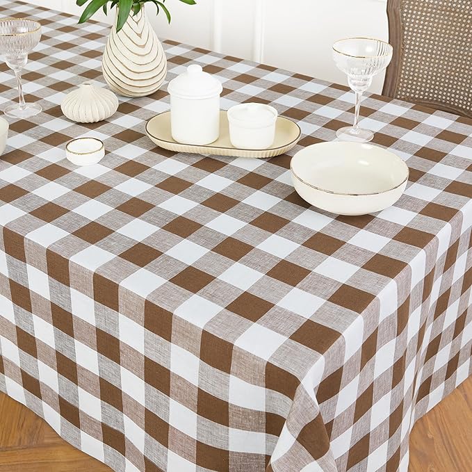 Solino Home Checkered Tablecloth 60 x 132 Inch - 100% Pure Linen Coco Brown and White Buffalo Plaid Table Cloth for Rectangle Tables - Machine Washable Tablecloth for Fall, Autumn, Thanksgiving